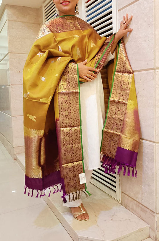 Yellow Handloom Kanjeevaram Pure Silk Dupatta - Luxurion World