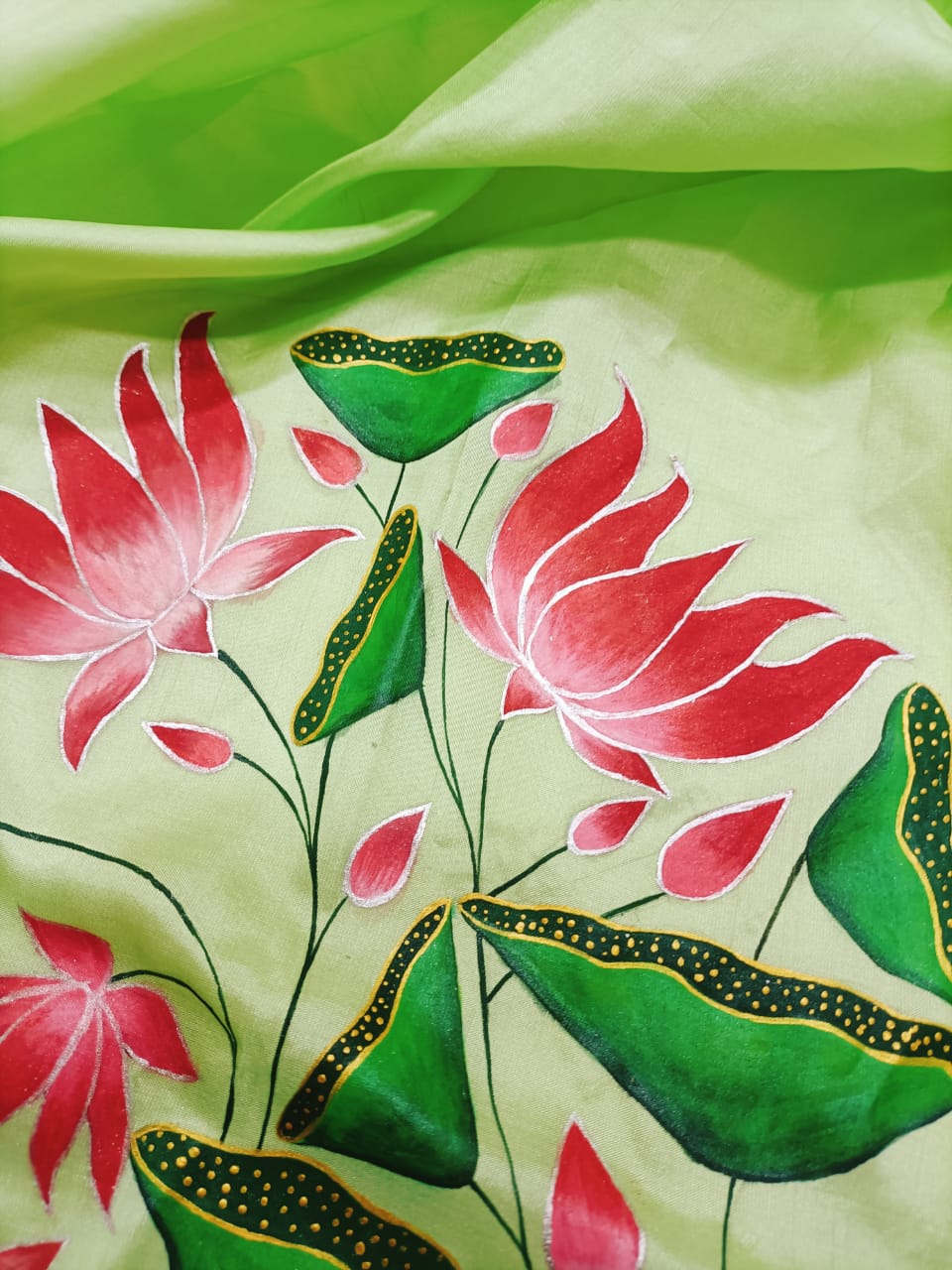 Green Hand Painted Pure Silk Blouse Fabric (1 Mtr) - Luxurion World
