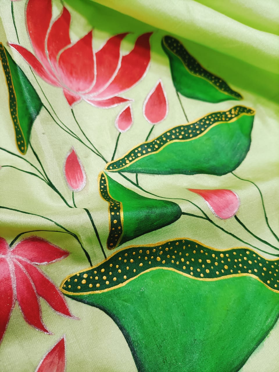 Green Hand Painted Pure Silk Blouse Fabric (1 Mtr)