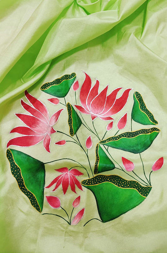 Green Hand Painted Pure Silk Blouse Fabric (1 Mtr) - Luxurion World