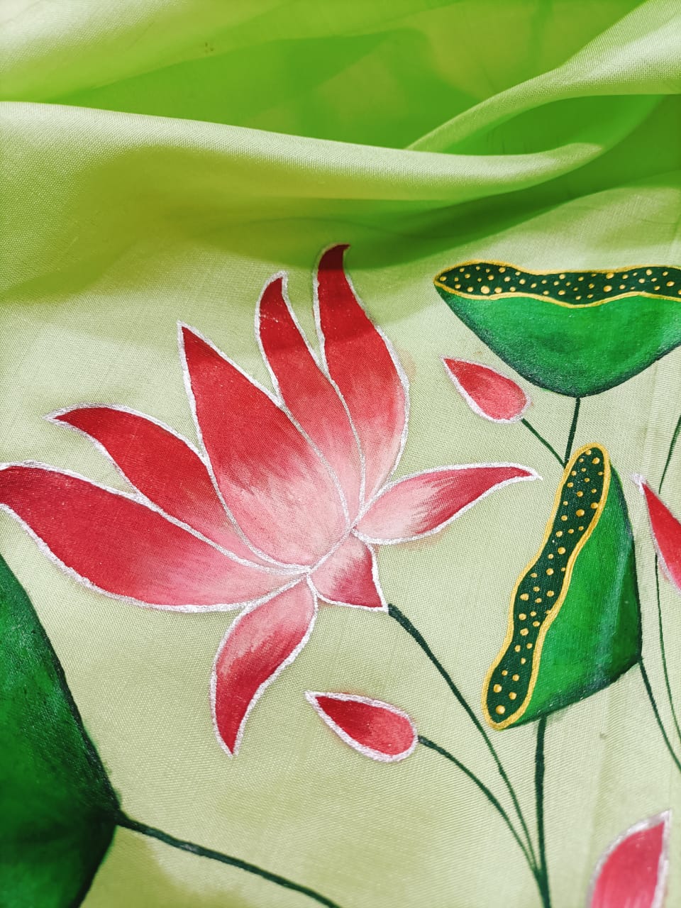Green Hand Painted Pure Silk Blouse Fabric (1 Mtr) - Luxurion World