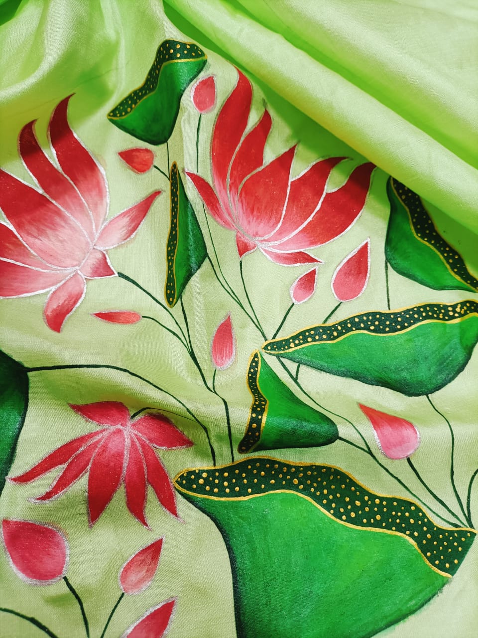 Green Hand Painted Pure Silk Blouse Fabric (1 Mtr) - Luxurion World