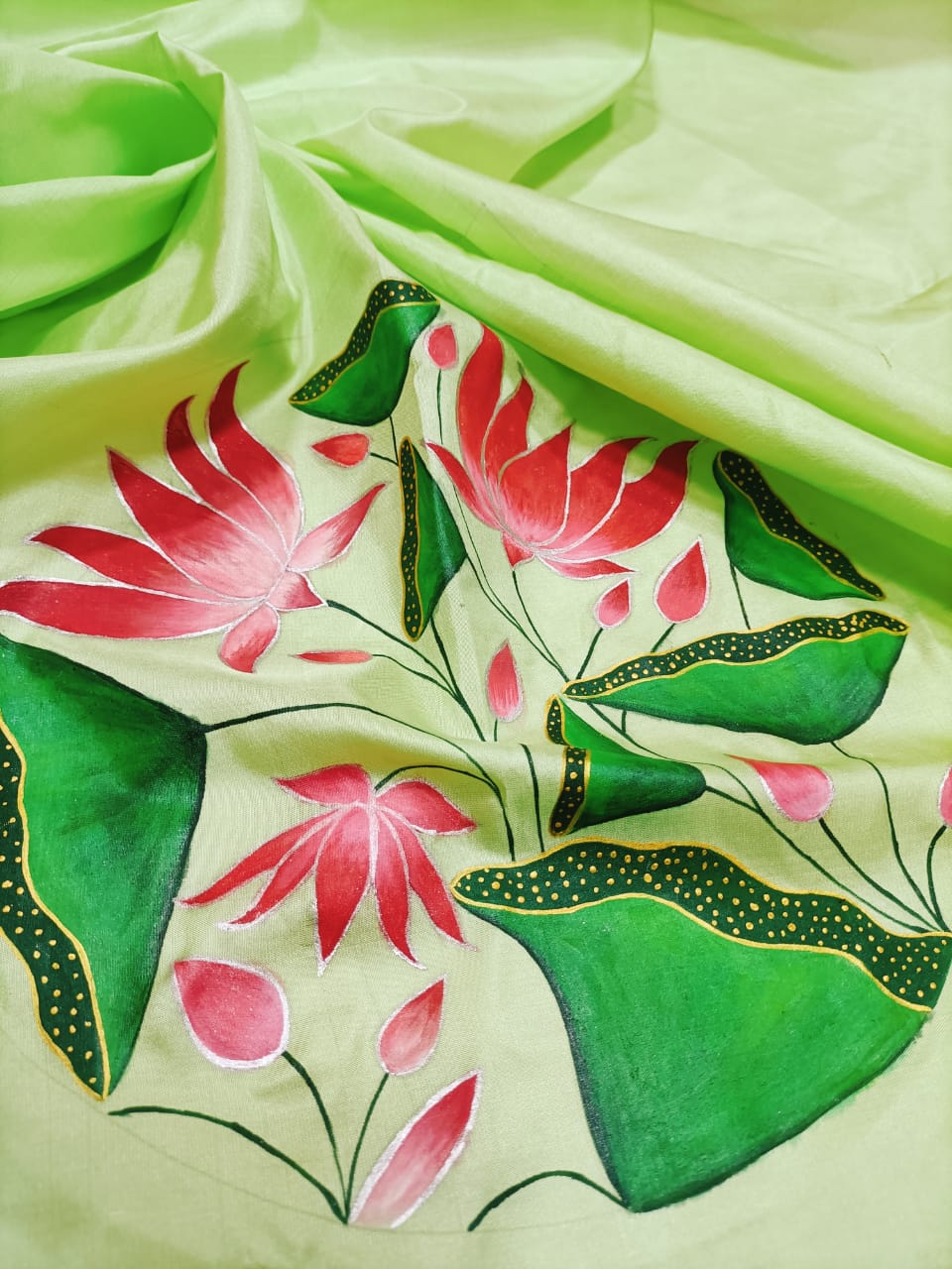 Green Hand Painted Pure Silk Blouse Fabric (1 Mtr)