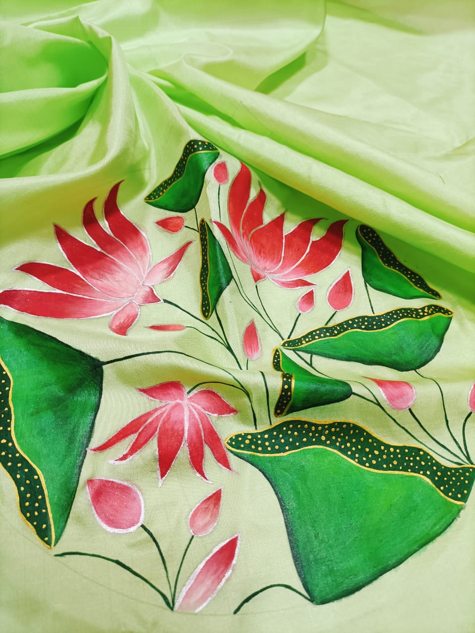 Green Hand Painted Pure Silk Blouse Fabric (1 Mtr) - Luxurion World