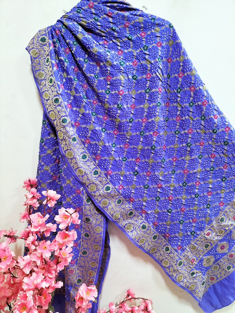 Blue Checks Bandhani Silk Meenakari Dupatta - Luxurion World