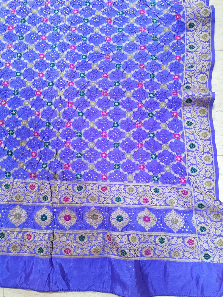 Blue Checks Bandhani Silk Meenakari Dupatta - Luxurion World