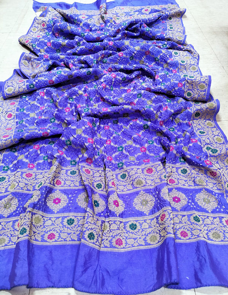 Blue Checks Bandhani Silk Meenakari Dupatta - Luxurion World