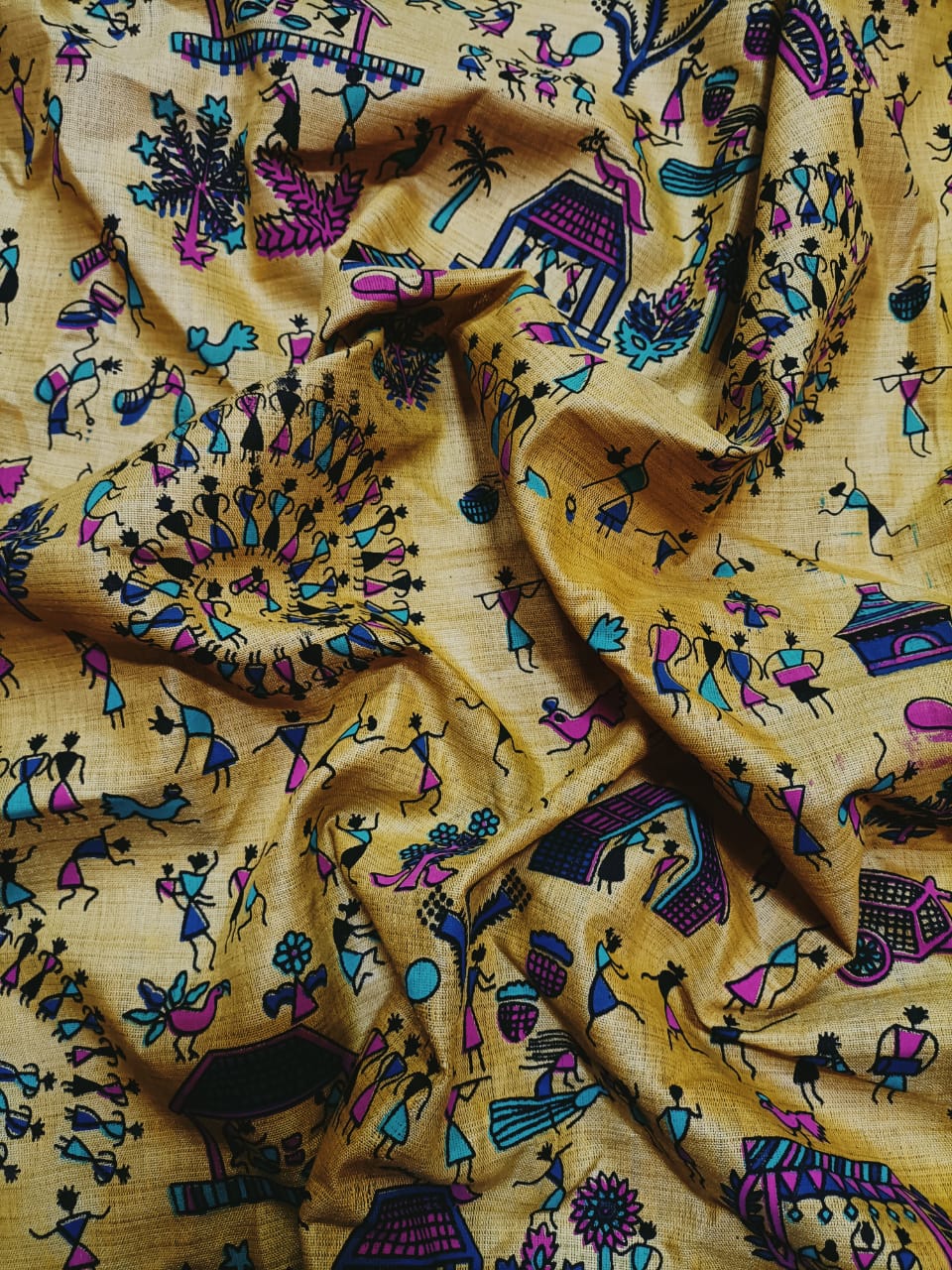 Yellow Madhubani Cotton Fabric (1 Mtr) - Luxurion World