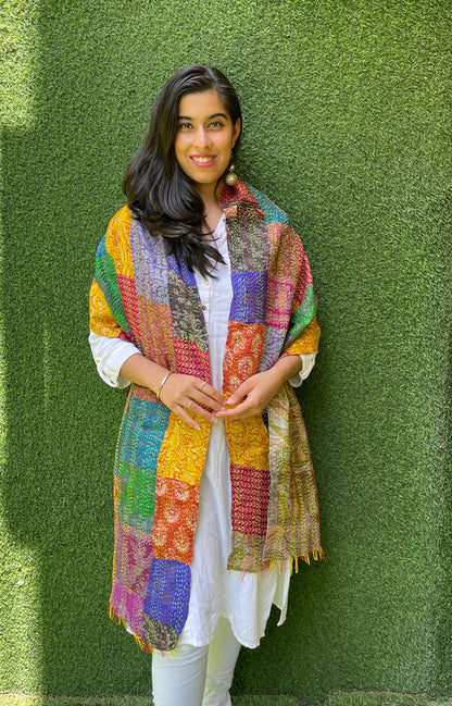 Multicolor Hand Embroidered Kantha Silk Stole
