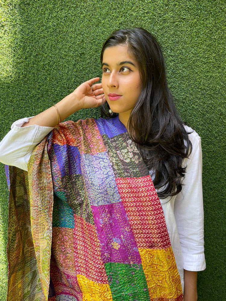 Multicolor Hand Embroidered Kantha Silk Stole - Luxurion World