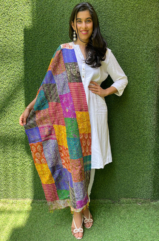 Multicolor Hand Embroidered Kantha Silk Stole - Luxurion World