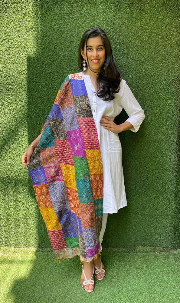 Multicolor Hand Embroidered Kantha Silk Stole - Luxurion World