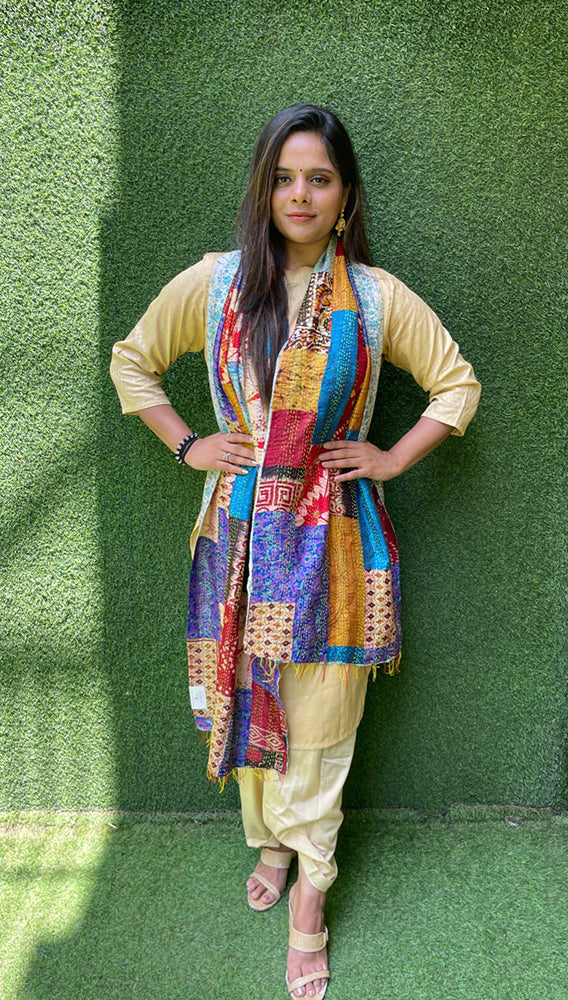 Multicolor Hand Embroidered Kantha Silk Reversible Stole - Luxurion World