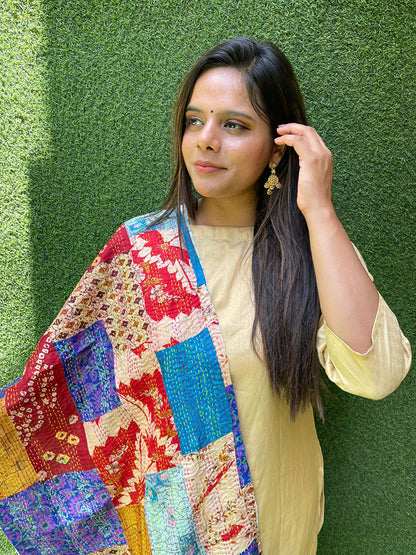 Multicolor Hand Embroidered Kantha Silk Reversible Stole - Luxurion World