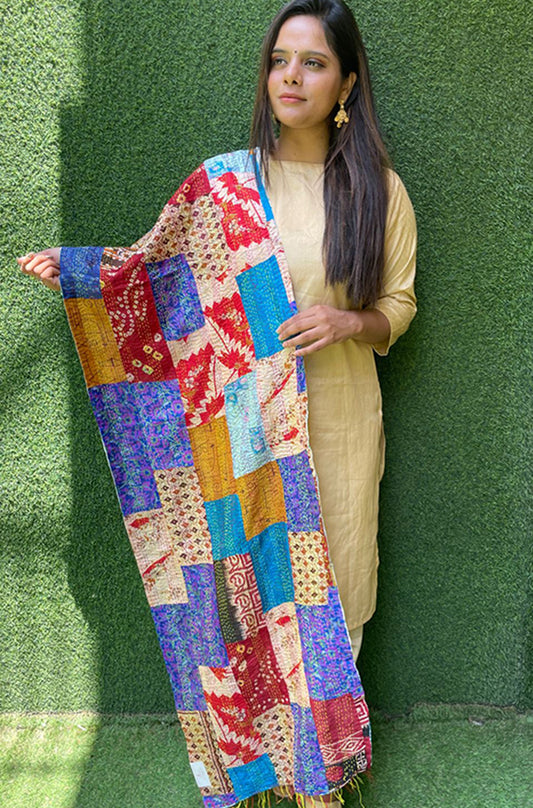 Multicolor Hand Embroidered Kantha Silk Reversible Stole - Luxurion World