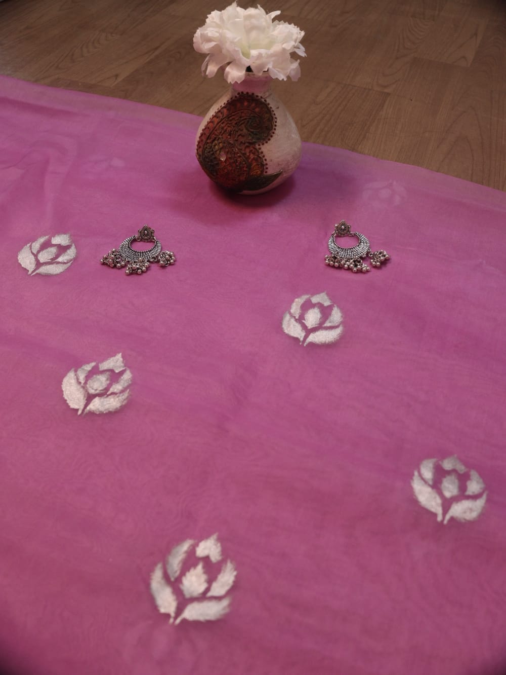 Pink Hand Painted Organza Silk Banarasi Boota Silver Design Fabric (1 Mtr) - Luxurion World