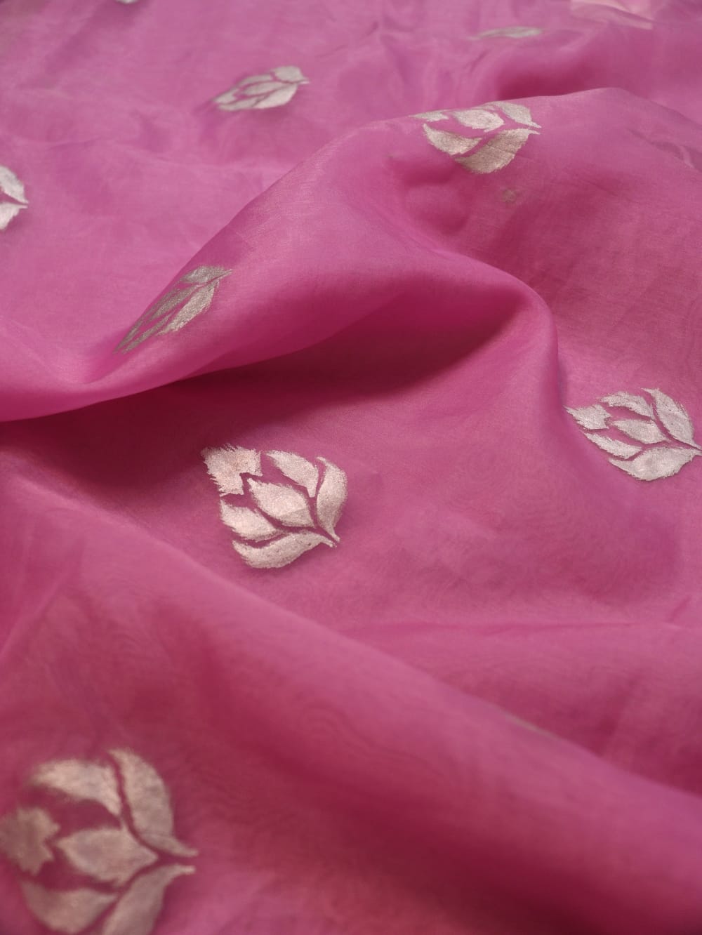 Pink Hand Painted Organza Silk Banarasi Boota Silver Design Fabric (1 Mtr) - Luxurion World