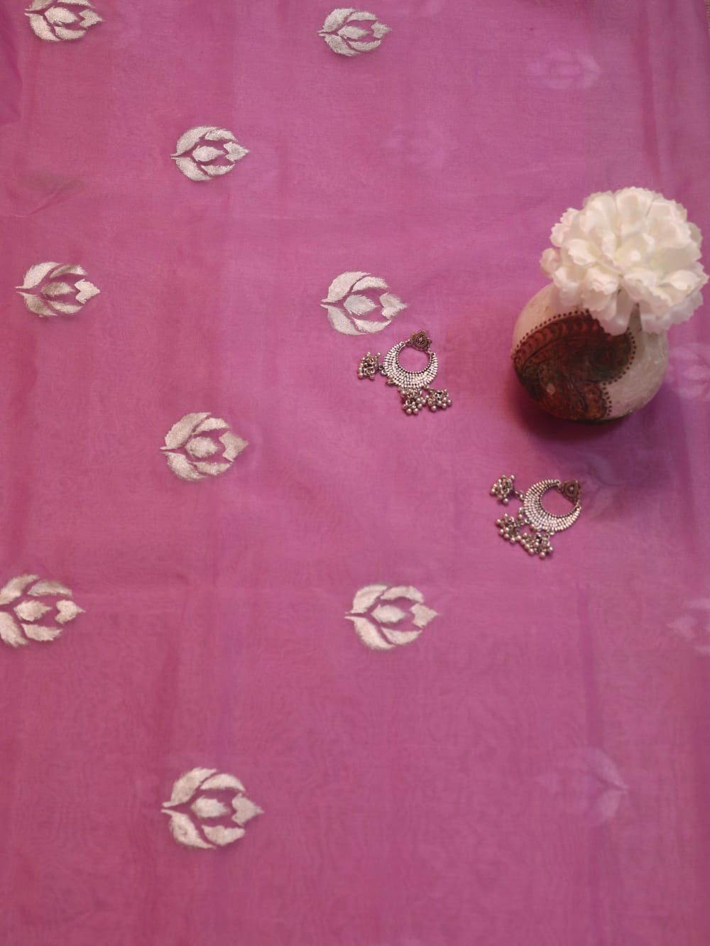 Pink Hand Painted Organza Silk Banarasi Boota Silver Design Fabric (1 Mtr) - Luxurion World
