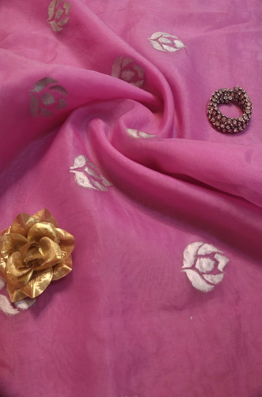 Pink Hand Painted Organza Silk Banarasi Boota Silver Design Fabric (1 Mtr) - Luxurion World
