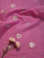 Pink Hand Painted Organza Silk Banarasi Boota Silver Design Fabric (1 Mtr) - Luxurion World