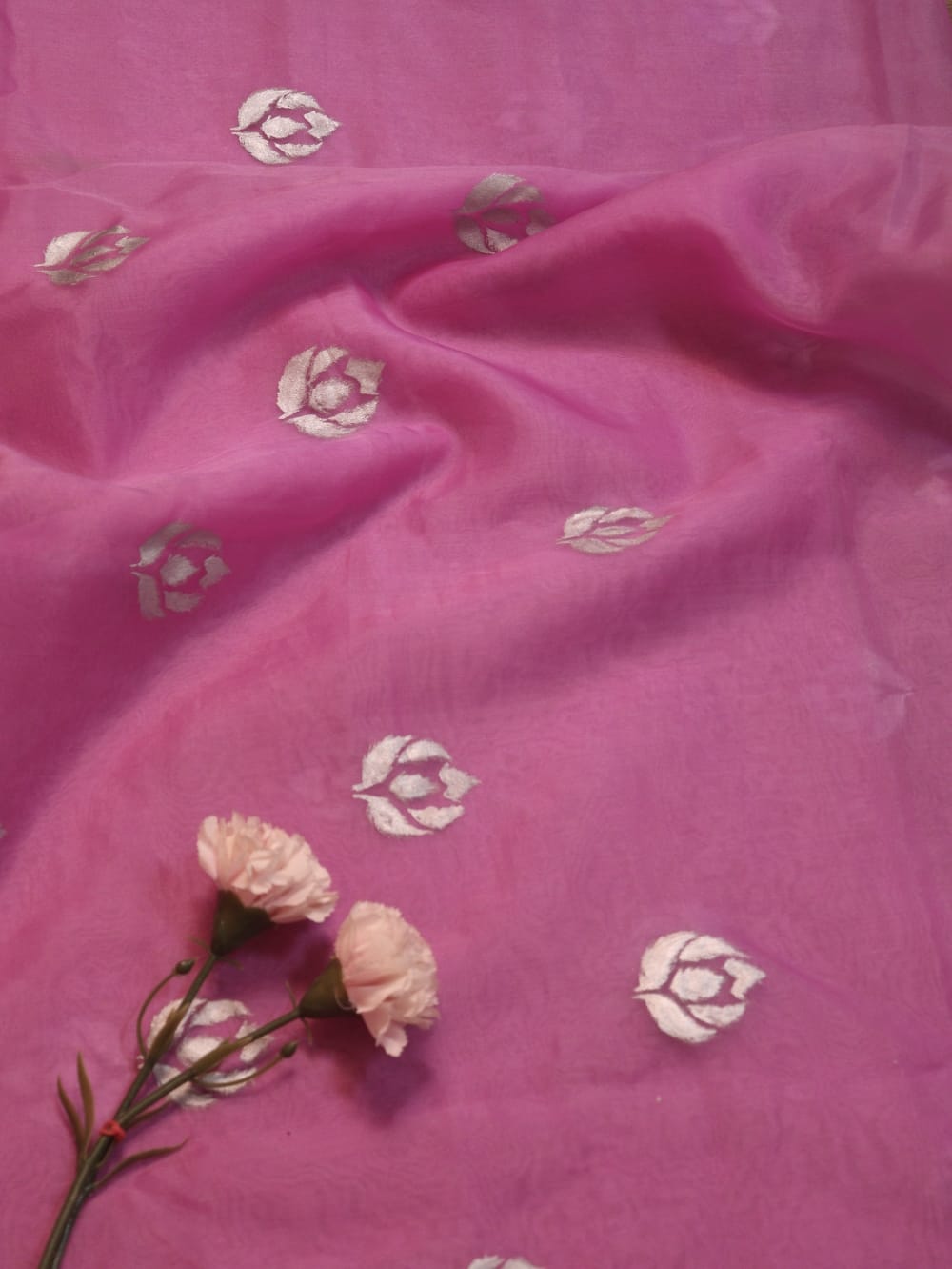 Pink Hand Painted Organza Silk Banarasi Boota Silver Design Fabric (1 Mtr) - Luxurion World