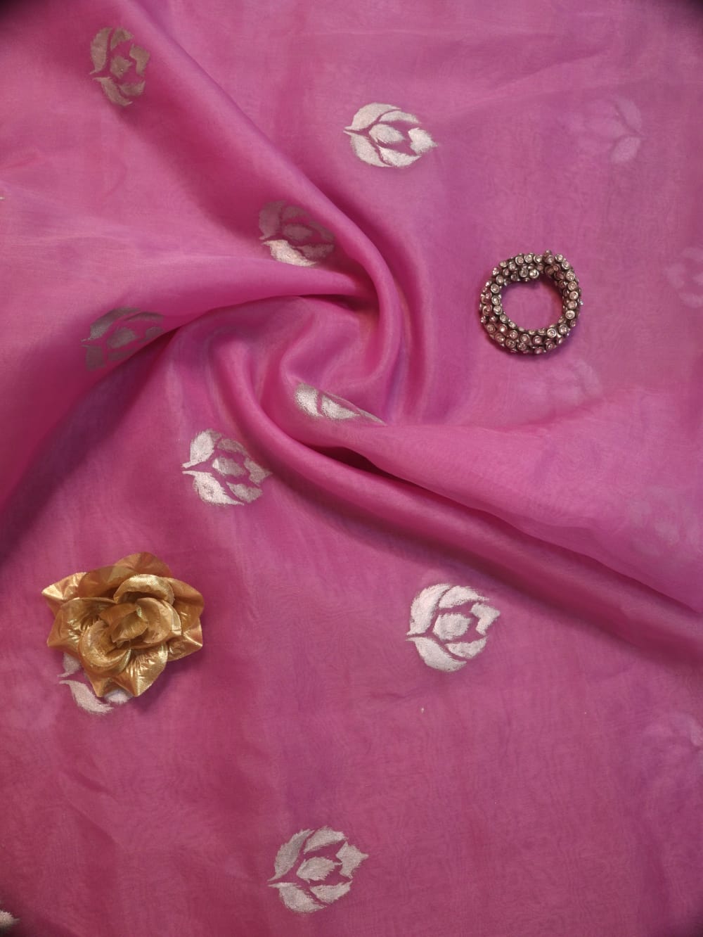 Pink Hand Painted Organza Silk Banarasi Boota Silver Design Fabric (1 Mtr) - Luxurion World