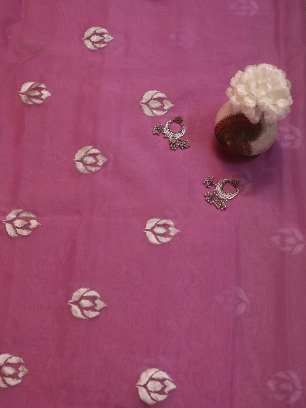 Pink Hand Painted Organza Silk Banarasi Boota Silver Design Fabric (1 Mtr) - Luxurion World
