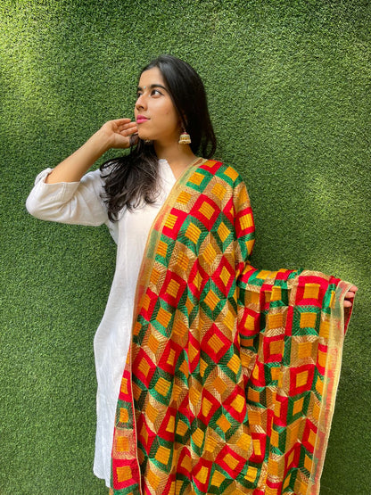 Multicolor Embroidered Phulkari Chinon Dupatta