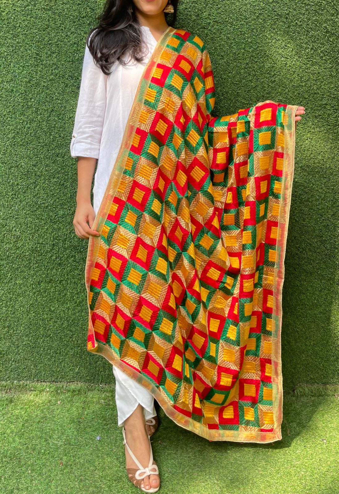 Multicolor Embroidered Phulkari Chinon Dupatta