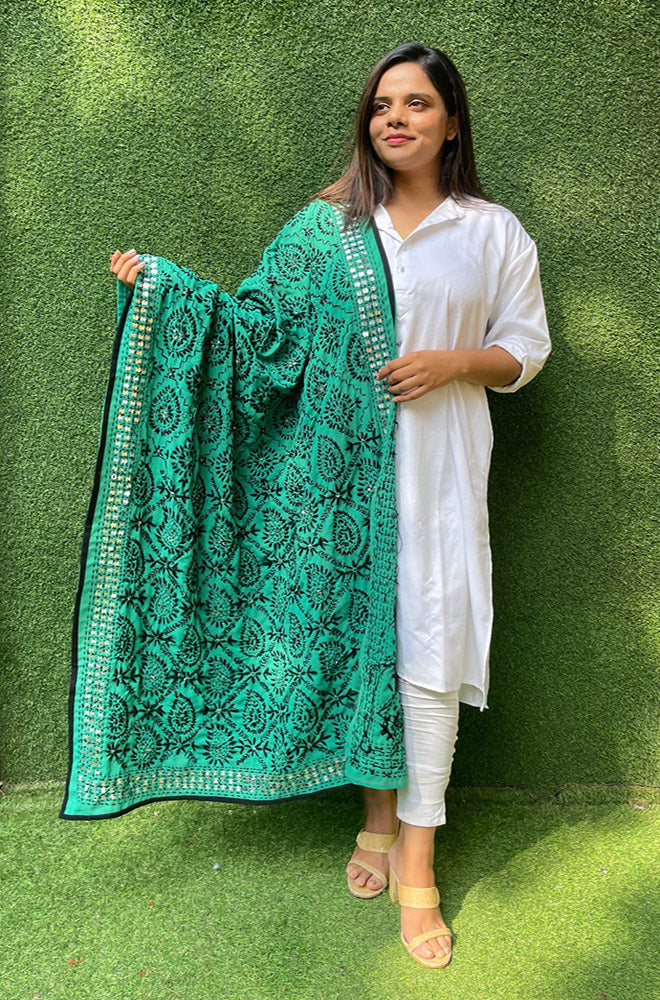 Green Embroidered Phulkari Georgette Dupatta