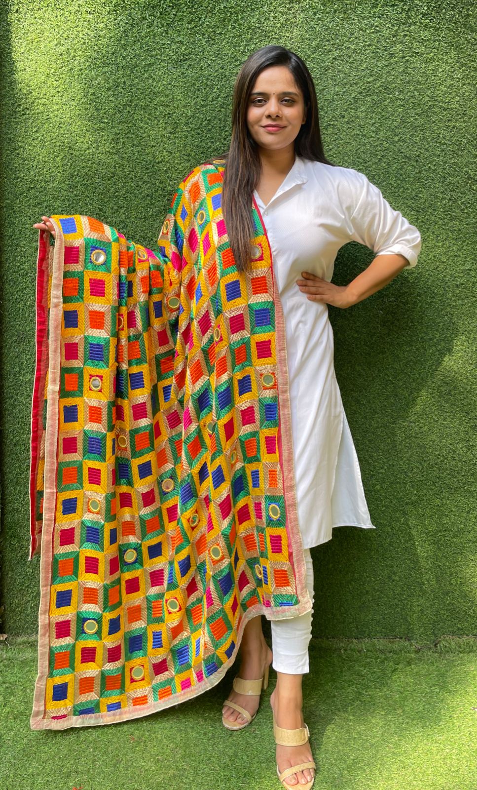 Multicolor Embroidered Phulkari Chinon Dupatta - Luxurion World