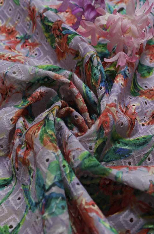 Multicolor Embroidered Chikankari Cotton Fabric (1 Mtr) - Luxurion World