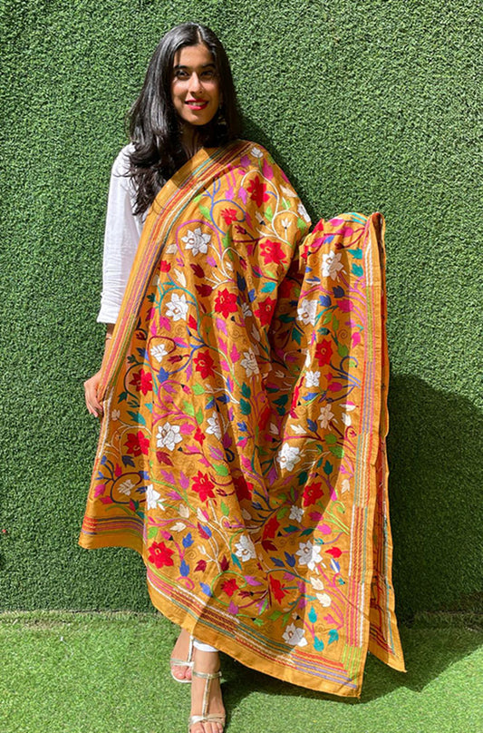 Yellow Hand Embroidered Kantha Pure Bangalore Silk Dupatta - Luxurion World