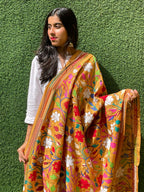 Yellow Hand Embroidered Kantha Pure Bangalore Silk Dupatta - Luxurion World