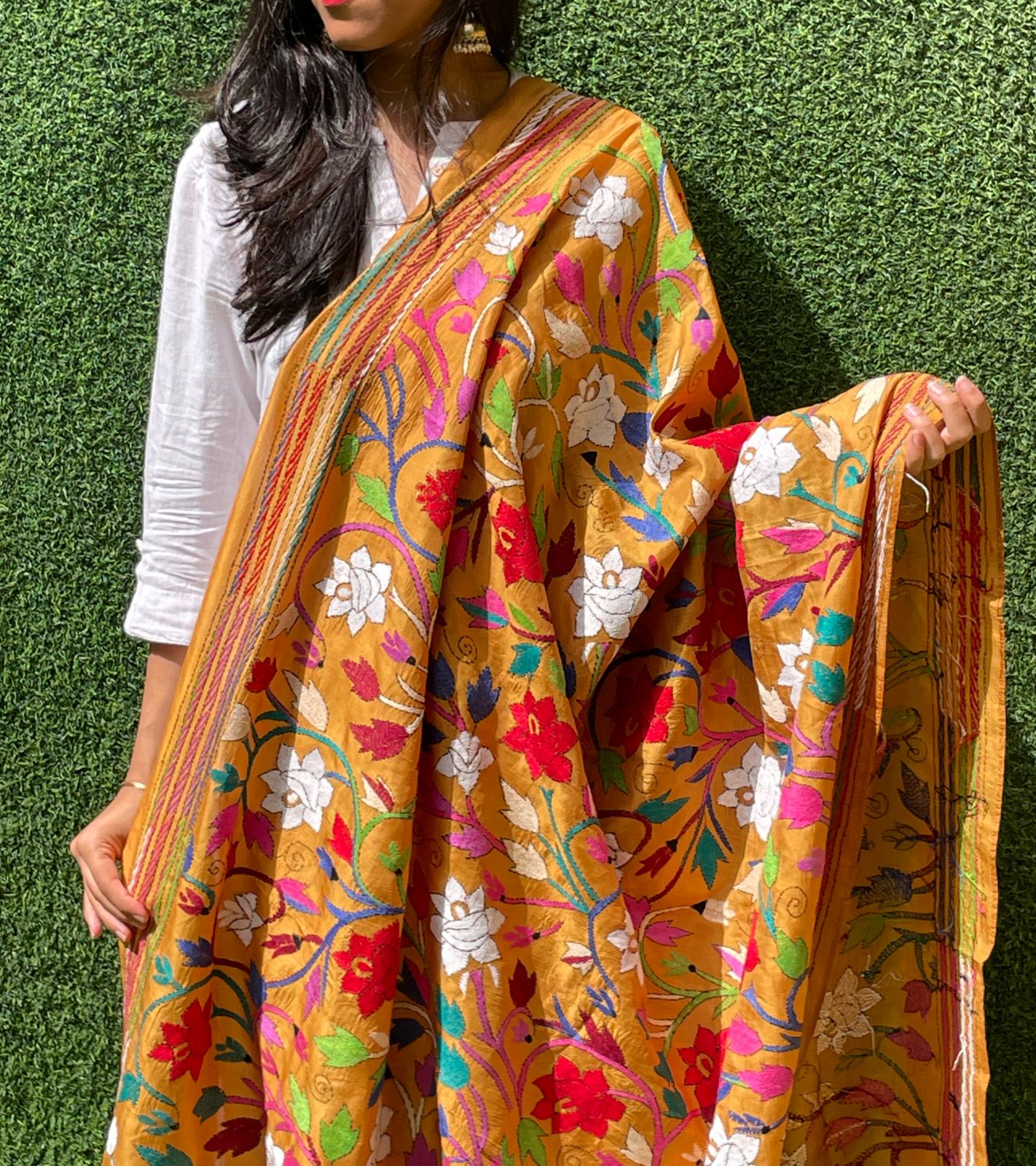 Yellow Hand Embroidered Kantha Pure Bangalore Silk Dupatta - Luxurion World