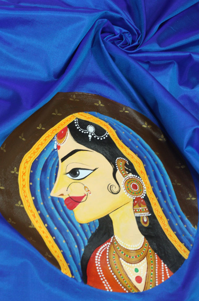 Blue Hand Painted Pure Silk Blouse Fabric (1 Mtr) - Luxurion World