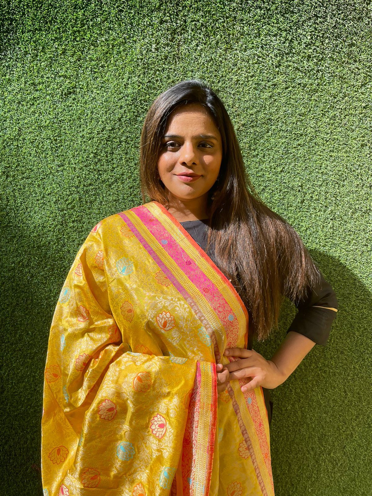 Yellow Handloom Banarasi Pure Katan Silk Meenakari Dupatta - Luxurion World