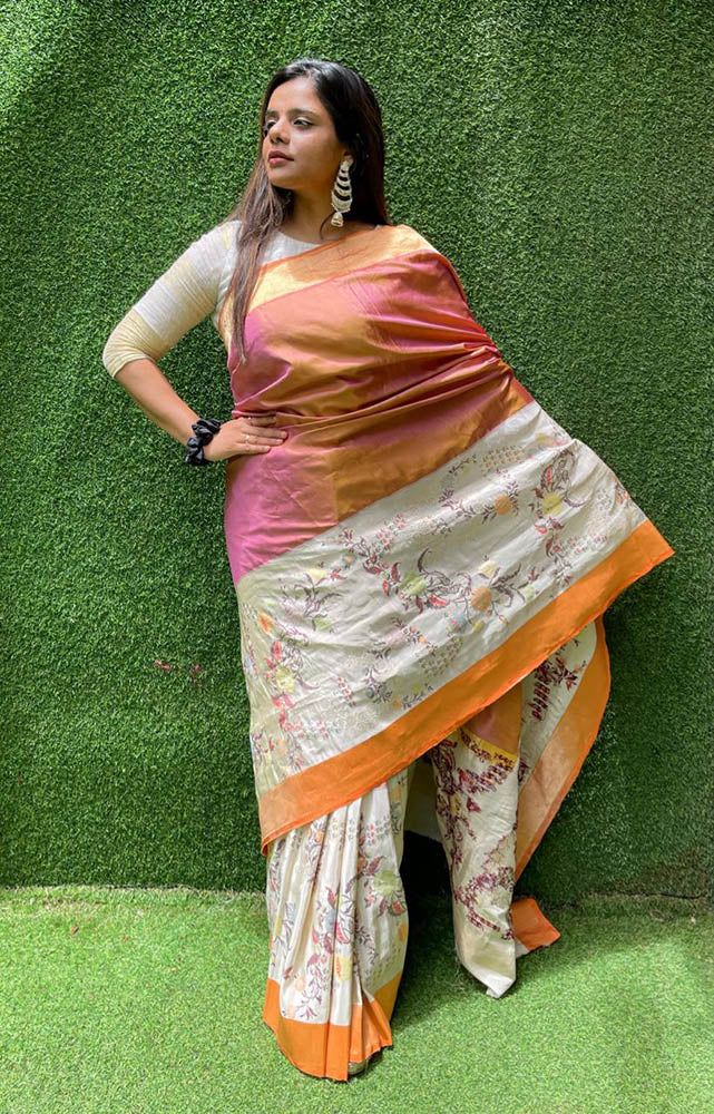 Orange and Pink Handloom Banarasi Paithani Pure Katan Silk Kadwa Meenakari Saree - Luxurion World
