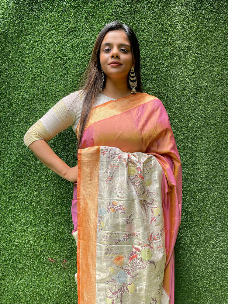 Orange and Pink Handloom Banarasi Paithani Pure Katan Silk Kadwa Meenakari Saree - Luxurion World