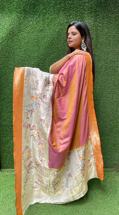 Orange and Pink Handloom Banarasi Paithani Pure Katan Silk Kadwa Meenakari Saree