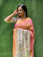 Orange and Pink Handloom Banarasi Paithani Pure Katan Silk Kadwa Meenakari Saree - Luxurion World