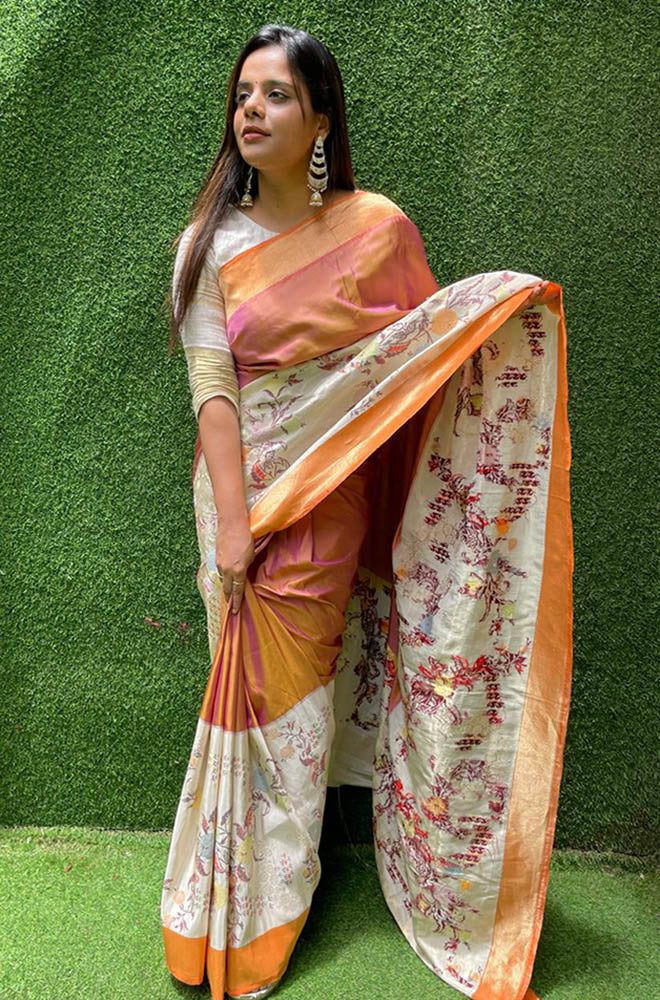 Orange and Pink Handloom Banarasi Paithani Pure Katan Silk Kadwa Meenakari Saree - Luxurion World