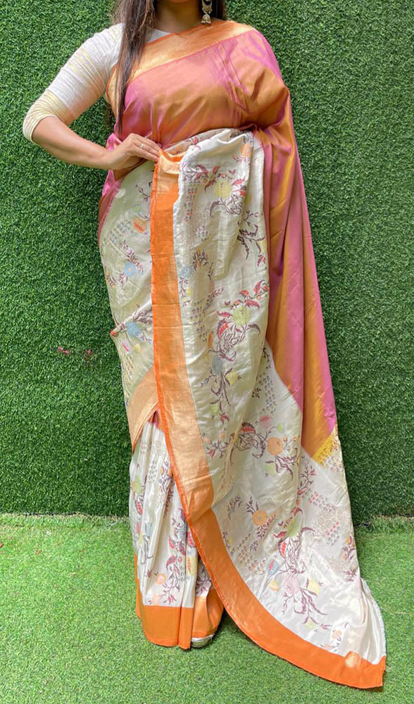 Orange and Pink Handloom Banarasi Paithani Pure Katan Silk Kadwa Meenakari Saree - Luxurion World