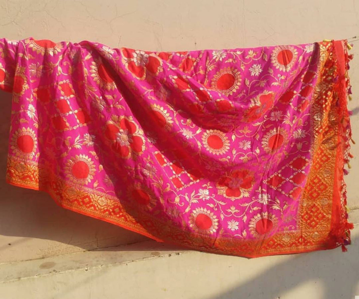 Pink Handloom Banarasi Pure Georgette Sona Roopa Dupatta