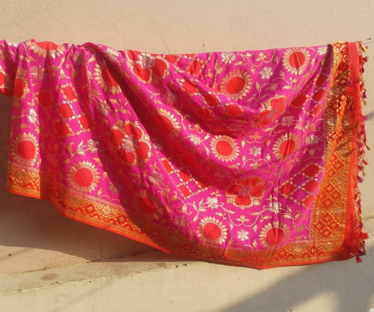 Pink Handloom Banarasi Pure Georgette Sona Roopa Dupatta - Luxurion World