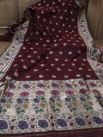 Maroon Handloom Banarasi Pure Katan Silk Paithani Border Design Saree - Luxurion World