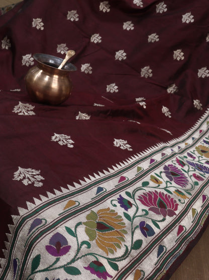 Maroon Handloom Banarasi Pure Katan Silk Paithani Border Design Saree - Luxurion World