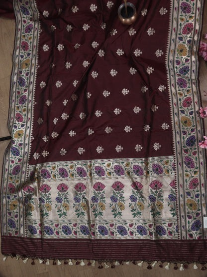 Maroon Handloom Banarasi Pure Katan Silk Paithani Border Design Saree - Luxurion World