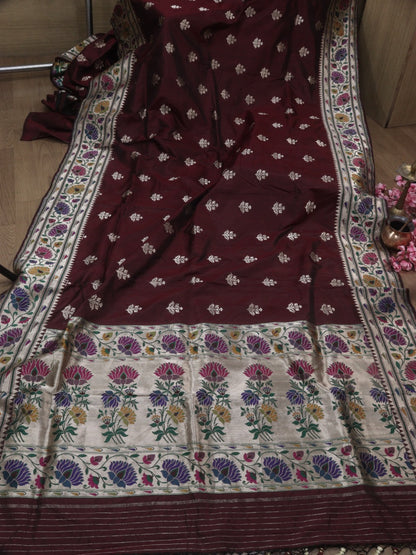 Maroon Handloom Banarasi Pure Katan Silk Paithani Border Design Saree - Luxurion World