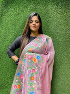 Pink Hand Painted Organza Silk Dupatta - Luxurion World